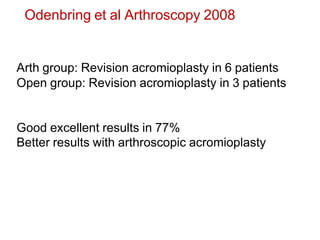 Odenbring et al Arthroscopy 2008
Arth group: Revision acromioplasty in 6 patients
Open group: Revision acromioplasty in 3 patients
Good excellent results in 77%
Better results with arthroscopic acromioplasty
 