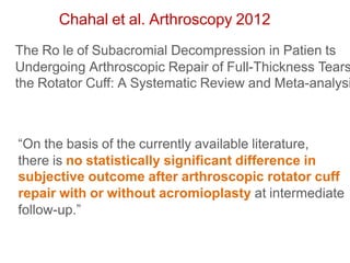 Chahal et al. Arthroscopy 2012
The Ro le of Subacromial Decompression in Patien ts
Undergoing Arthroscopic Repair of Full-Thickness Tears
the Rotator Cuff: A Systematic Review and Meta-analysi
“On the basis of the currently available literature,
there is no statistically significant difference in
subjective outcome after arthroscopic rotator cuff
repair with or without acromioplasty at intermediate
follow-up.”
 