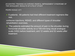 ECCENTRIC TRAINING IN CHRONIC PAINFUL IMPINGEMENT SYNDROME OF 
THE SHOULDER: RESULTS OF A PILOT STUDY 
PEDRO SCALE: 4/11 
 9 patients: All patients had tried different treatment regimens like 
rest, 
cortisone injections, NSAID, and different types of shoulder 
rehabilitation exercises. 
 The patients estimated the amount of pain in the shoulder during 
horizontal shoulder activity on a 100-mm long visual analogue 
scale (VAS) before treatment, and 12 weeks and 52 weeks after 
treatment 
 