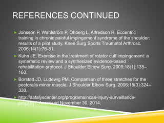 REFERENCES CONTINUED 
 Jonsson P, Wahlström P, Ohberg L, Alfredson H. Eccentric 
training in chronic painful impingement syndrome of the shoulder: 
results of a pilot study. Knee Surg Sports Traumatol Arthrosc. 
2006;14(1):76-81. 
 Kuhn JE. Exercise in the treatment of rotator cuff impingement: a 
systematic review and a synthesized evidence-based 
rehabilitation protocol. J Shoulder Elbow Surg. 2009;18(1):138– 
160. 
 Borstad JD, Ludewig PM. Comparison of three stretches for the 
pectoralis minor muscle. J Shoulder Elbow Surg. 2006;15(3):324– 
330. 
 http://datalyscenter.org/programs/ncaa-injury-surveillance-program/. 
Accessed November 30, 2014. 
 