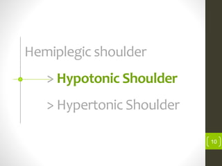 Hemiplegic shoulder
> Hypotonic Shoulder
> Hypertonic Shoulder
10
 