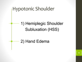 Hypotonic Shoulder
1) Hemiplegic Shoulder
Subluxation (HSS)
2) Hand Edema
11
 