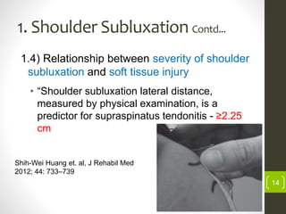 1. Shoulder Subluxation Contd...
1.4) Relationship between severity of shoulder
subluxation and soft tissue injury
• “Shoulder subluxation lateral distance,
measured by physical examination, is a
predictor for supraspinatus tendonitis - ≥2.25
cm
14
Shih-Wei Huang et. al, J Rehabil Med
2012; 44: 733–739
 