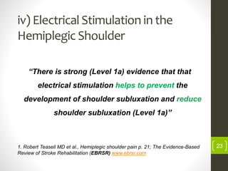 iv) Electrical Stimulation in the
Hemiplegic Shoulder
“There is strong (Level 1a) evidence that that
electrical stimulation helps to prevent the
development of shoulder subluxation and reduce
shoulder subluxation (Level 1a)”
1. Robert Teasell MD et al., Hemiplegic shoulder pain p. 21; The Evidence-Based
Review of Stroke Rehabilitation (EBRSR) www.ebrsr.com
23
 