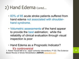2) Hand Edema Contd…
• 83% of 85 acute stroke patients suffered from
hand edema not associated with shoulder-
hand syndrome.
• Volumetric assessments of the hand appear
to provide the best estimation; while the
reliability of clinical evaluation through visual
inspection is poor
• Hand Edema as a Prognostic Indicator?
It’s controversial
251. Robert Teasell MD et al., Upper extremity Interventions. P 122; The Evidence-
Based Review of Stroke Rehabilitation (EBRSR) www.ebrsr.com
 