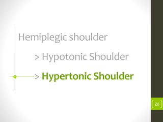 28
Hemiplegic shoulder
> Hypotonic Shoulder
> Hypertonic Shoulder
 