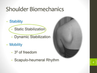 Shoulder Biomechanics
4
• Stability
• Static Stabilization
• Dynamic Stabilization
• Mobility
• 30 of freedom
• Scapulo-heumeral Rhythm
 