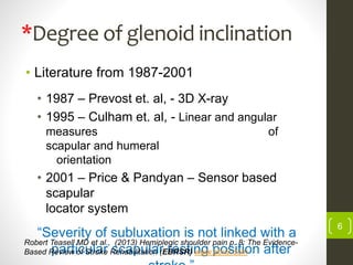 *Degree of glenoid inclination
• Literature from 1987-2001
• 1987 – Prevost et. al, - 3D X-ray
• 1995 – Culham et. al, - Linear and angular
measures of
scapular and humeral
orientation
• 2001 – Price & Pandyan – Sensor based
scapular
locator system
“Severity of subluxation is not linked with a
particular scapular resting position after
6
Robert Teasell MD et al., (2013) Hemiplegic shoulder pain p. 8; The Evidence-
Based Review of Stroke Rehabilitation (EBRSR) www.ebrsr.com
 