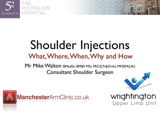 Shoulder Injections
What,Where,When,Why and How
Mr Mike Walton BMedSci BMBS MSc FRCS(Tr&Orth) MFSEM(UK)
Consultant Shoulder Surgeon
 