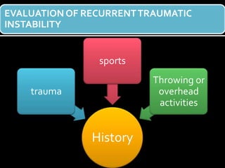 EVALUATION OF RECURRENTTRAUMATIC
INSTABILITY
History
trauma
sports
Throwing or
overhead
activities
 