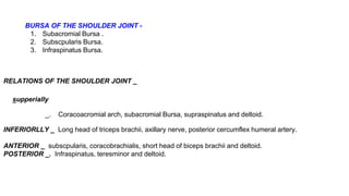 BURSA OF THE SHOULDER JOINT -
1. Subacromial Bursa .
2. Subscpularis Bursa.
3. Infraspinatus Bursa.
RELATIONS OF THE SHOULDER JOINT _
supperially
_
_. Coracoacromial arch, subacromial Bursa, supraspinatus and deltoid.
INFERIORLLY _ Long head of triceps brachii, axillary nerve, posterior cercumflex humeral artery.
ANTERIOR _ subscpularis, coracobrachialis, short head of biceps brachii and deltoid.
POSTERIOR _. Infraspinatus, teresminor and deltoid.
 