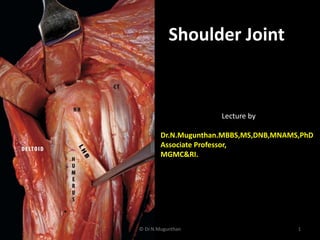 Shoulder Joint
Lecture by
Dr.N.Mugunthan.MBBS,MS,DNB,MNAMS,PhD
Associate Professor,
MGMC&RI.
1© Dr.N.Mugunthan
 