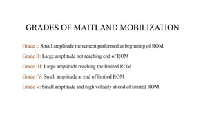 GRADES OF MAITLAND MOBILIZATION
Grade I: Small amplitude movement performed at beginning of ROM
Grade II: Large amplitude not reaching end of ROM
Grade III: Large amplitude reaching the limited ROM
Grade IV: Small amplitude at end of limited ROM
Grade V: Small amplitude and high velocity at end of limited ROM
 
