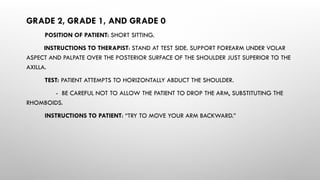 GRADE 2, GRADE 1, AND GRADE 0
POSITION OF PATIENT: SHORT SITTING.
INSTRUCTIONS TO THERAPIST: STAND AT TEST SIDE. SUPPORT FOREARM UNDER VOLAR
ASPECT AND PALPATE OVER THE POSTERIOR SURFACE OF THE SHOULDER JUST SUPERIOR TO THE
AXILLA.
TEST: PATIENT ATTEMPTS TO HORIZONTALLY ABDUCT THE SHOULDER.
- BE CAREFUL NOT TO ALLOW THE PATIENT TO DROP THE ARM, SUBSTITUTING THE
RHOMBOIDS.
INSTRUCTIONS TO PATIENT: “TRY TO MOVE YOUR ARM BACKWARD.”
 