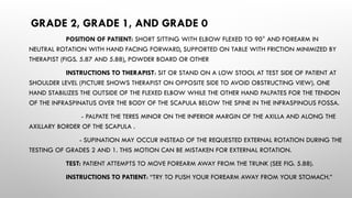GRADE 2, GRADE 1, AND GRADE 0
POSITION OF PATIENT: SHORT SITTING WITH ELBOW FLEXED TO 90° AND FOREARM IN
NEUTRAL ROTATION WITH HAND FACING FORWARD, SUPPORTED ON TABLE WITH FRICTION MINIMIZED BY
THERAPIST (FIGS. 5.87 AND 5.88), POWDER BOARD OR OTHER
INSTRUCTIONS TO THERAPIST: SIT OR STAND ON A LOW STOOL AT TEST SIDE OF PATIENT AT
SHOULDER LEVEL (PICTURE SHOWS THERAPIST ON OPPOSITE SIDE TO AVOID OBSTRUCTING VIEW). ONE
HAND STABILIZES THE OUTSIDE OF THE FLEXED ELBOW WHILE THE OTHER HAND PALPATES FOR THE TENDON
OF THE INFRASPINATUS OVER THE BODY OF THE SCAPULA BELOW THE SPINE IN THE INFRASPINOUS FOSSA.
- PALPATE THE TERES MINOR ON THE INFERIOR MARGIN OF THE AXILLA AND ALONG THE
AXILLARY BORDER OF THE SCAPULA .
- SUPINATION MAY OCCUR INSTEAD OF THE REQUESTED EXTERNAL ROTATION DURING THE
TESTING OF GRADES 2 AND 1. THIS MOTION CAN BE MISTAKEN FOR EXTERNAL ROTATION.
TEST: PATIENT ATTEMPTS TO MOVE FOREARM AWAY FROM THE TRUNK (SEE FIG. 5.88).
INSTRUCTIONS TO PATIENT: “TRY TO PUSH YOUR FOREARM AWAY FROM YOUR STOMACH.”
 
