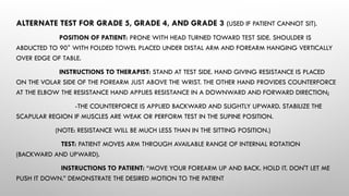 ALTERNATE TEST FOR GRADE 5, GRADE 4, AND GRADE 3 (USED IF PATIENT CANNOT SIT).
POSITION OF PATIENT: PRONE WITH HEAD TURNED TOWARD TEST SIDE. SHOULDER IS
ABDUCTED TO 90° WITH FOLDED TOWEL PLACED UNDER DISTAL ARM AND FOREARM HANGING VERTICALLY
OVER EDGE OF TABLE.
INSTRUCTIONS TO THERAPIST: STAND AT TEST SIDE. HAND GIVING RESISTANCE IS PLACED
ON THE VOLAR SIDE OF THE FOREARM JUST ABOVE THE WRIST. THE OTHER HAND PROVIDES COUNTERFORCE
AT THE ELBOW THE RESISTANCE HAND APPLIES RESISTANCE IN A DOWNWARD AND FORWARD DIRECTION;
-THE COUNTERFORCE IS APPLIED BACKWARD AND SLIGHTLY UPWARD. STABILIZE THE
SCAPULAR REGION IF MUSCLES ARE WEAK OR PERFORM TEST IN THE SUPINE POSITION.
(NOTE: RESISTANCE WILL BE MUCH LESS THAN IN THE SITTING POSITION.)
TEST: PATIENT MOVES ARM THROUGH AVAILABLE RANGE OF INTERNAL ROTATION
(BACKWARD AND UPWARD).
INSTRUCTIONS TO PATIENT: “MOVE YOUR FOREARM UP AND BACK. HOLD IT. DON'T LET ME
PUSH IT DOWN.” DEMONSTRATE THE DESIRED MOTION TO THE PATIENT
 