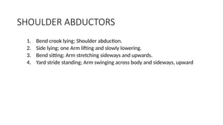 SHOULDER ABDUCTORS
1. Bend crook lying; Shoulder abduction.
2. Side lying; one Arm lifting and slowly lowering.
3. Bend sitting; Arm stretching sideways and upwards.
4. Yard stride standing; Arm swinging across body and sideways, upward
 