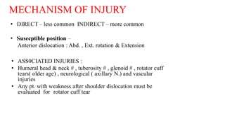MECHANISM OF INJURY
• ASS0CIATED INJURIES :
• Humeral head & neck # , tuberosity # , glenoid # , rotator cuff
tears( older age) , neurological ( axillary N.) and vascular
injuries
• Any pt. with weakness after shoulder dislocation must be
evaluated for rotator cuff tear
 