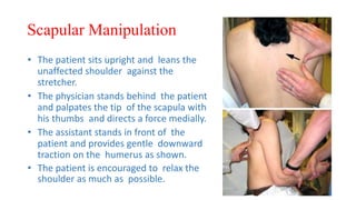 Scapular Manipulation
• The patient sits upright and leans the
unaffected shoulder against the
stretcher.
• The physician stands behind the patient
and palpates the tip of the scapula with
his thumbs and directs a force medially.
• The assistant stands in front of the
patient and provides gentle downward
traction on the humerus as shown.
• The patient is encouraged to relax the
shoulder as much as possible.
 