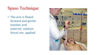 Spaso Technique
• The arm is flexed
forward and gentle
traction and
external rotation
forces are applied.
 