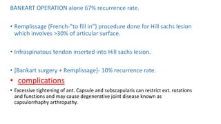 BANKART OPERATION alone 67% recurrence rate.
• Remplissage (French-”to fill in”) procedure done for Hill sachs lesion
which involves >30% of articular surface.
• Infraspinatous tendon inserted into Hill sachs lesion.
• [Bankart surgery + Remplissage]- 10% recurrence rate.
• complications
• Excessive tightening of ant. Capsule and subscapularis can restrict ext. rotations
and functions and may cause degenerative joint disease known as
capsulorrhaphy arthropathy.
 
