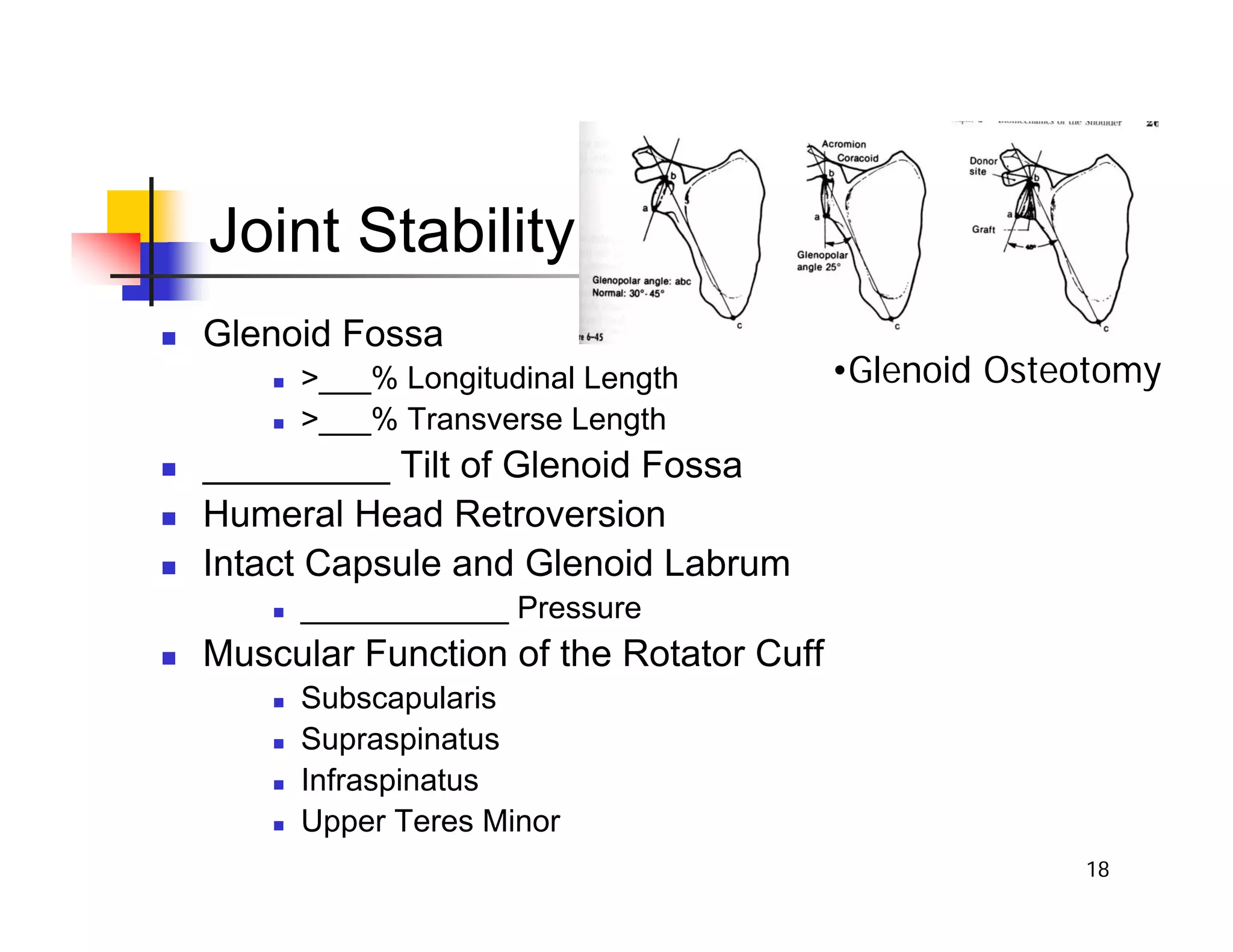 18
Joint Stability
„ Glenoid Fossa
„ >___% Longitudinal Length
„ >___% Transverse Length
„ _________ Tilt of Glenoid Fossa
„ Humeral Head Retroversion
„ Intact Capsule and Glenoid Labrum
„ ____________ Pressure
„ Muscular Function of the Rotator Cuff
„ Subscapularis
„ Supraspinatus
„ Infraspinatus
„ Upper Teres Minor
•Glenoid Osteotomy
 