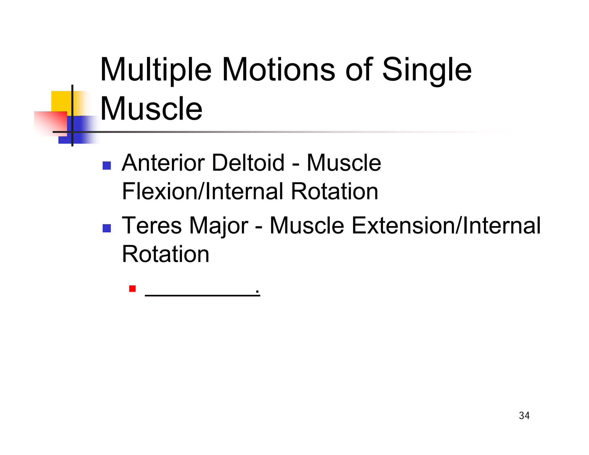 34
Multiple Motions of Single
Muscle
„ Anterior Deltoid - Muscle
Flexion/Internal Rotation
„ Teres Major - Muscle Extension/Internal
Rotation
„ .
 