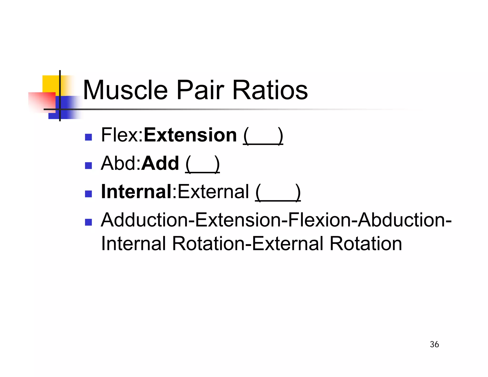 36
Muscle Pair Ratios
„ Flex:Extension ( )
„ Abd:Add ( )
„ Internal:External ( )
„ Adduction-Extension-Flexion-Abduction-
Internal Rotation-External Rotation
 