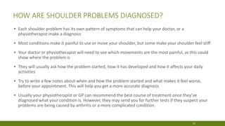 HOW ARE SHOULDER PROBLEMS DIAGNOSED?
▪ Each shoulder problem has its own pattern of symptoms that can help your doctor, or a
physiotherapist make a diagnosis
▪ Most conditions make it painful to use or move your shoulder, but some make your shoulder feel stiff
▪ Your doctor or physiotherapist will need to see which movements are the most painful, as this could
show where the problem is
▪ They will usually ask how the problem started, how it has developed and how it affects your daily
activities
▪ Try to write a few notes about when and how the problem started and what makes it feel worse,
before your appointment. This will help you get a more accurate diagnosis
▪ Usually your physiotherapist or GP can recommend the best course of treatment once they’ve
diagnosed what your condition is. However, they may send you for further tests if they suspect your
problems are being caused by arthritis or a more complicated condition.
10
 