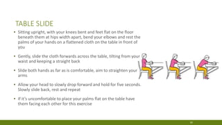 TABLE SLIDE
▪ Sitting upright, with your knees bent and feet flat on the floor
beneath them at hips width apart, bend your elbows and rest the
palms of your hands on a flattened cloth on the table in front of
you
▪ Gently, slide the cloth forwards across the table, tilting from your
waist and keeping a straight back
▪ Slide both hands as far as is comfortable, aim to straighten your
arms
▪ Allow your head to slowly drop forward and hold for five seconds.
Slowly slide back, rest and repeat
▪ If it’s uncomfortable to place your palms flat on the table have
them facing each other for this exercise
30
 