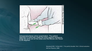 Infraspinatus/teres minor examination. The patient
attempts to externally rotate the arms against resistance
while the arms are at the sides and the elbows are flexed
to 90 degrees.
Woodward MD, T. & Best MD, T. The painful shoulder: Part I. Clinical evaluation.
AM Fam Physician, 2000
 