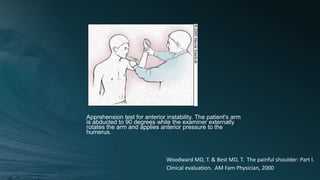 Apprehension test for anterior instability. The patient's arm
is abducted to 90 degrees while the examiner externally
rotates the arm and applies anterior pressure to the
humerus.
Woodward MD, T. & Best MD, T. The painful shoulder: Part I.
Clinical evaluation. AM Fam Physician, 2000
 