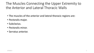 The Muscles Connecting the Upper Extremity to
the Anterior and Lateral Thoracic Walls
• The muscles of the anterior and lateral thoracic regions are:
• Pectoralis major.
• Subclavius.
• Pectoralis minor.
• Serratus anterior.
2/20/2017 5
 