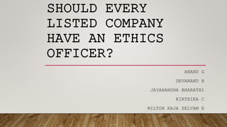 SHOULD EVERY
LISTED COMPANY
HAVE AN ETHICS
OFFICER?
ANAND G
DEVANAND H
JAYANANDHA BHARATHI
KIRTHIKA C
MILTON RAJA SELVAM E
 