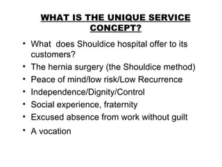 WHAT IS THE UNIQUE SERVICE CONCEPT? What  does Shouldice hospital offer to its customers? The hernia surgery (the Shouldice method) Peace of mind/low risk/Low Recurrence Independence/Dignity/Control Social experience, fraternity Excused absence from work without guilt A vocation   