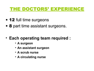 THE DOCTORS’ EXPERIENCE 12  full time surgeons  8  part time assistant surgeons. Each operating team required : A surgeon An assistant surgeon A scrub nurse A circulating nurse 