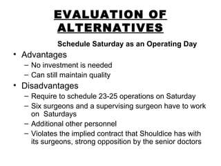 EVALUATION OF ALTERNATIVES Schedule Saturday as an Operating Day Advantages No investment is needed Can still maintain quality Disadvantages Require to schedule 23-25 operations on Saturday Six surgeons and a supervising surgeon have to work on  Saturdays Additional other personnel  Violates the implied contract that Shouldice has with its surgeons, strong opposition by the senior doctors 