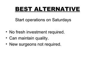 BEST ALTERNATIVE Start operations on Saturdays  No fresh investment required. Can maintain quality. New surgeons not required. 