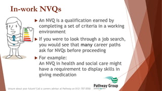 In-work NVQs
 An NVQ is a qualification earned by
completing a set of criteria in a working
environment
 If you were to look through a job search,
you would see that many career paths
ask for NVQs before proceeding
 For example:
An NVQ in health and social care might
have a requirement to display skills in
giving medication
Unsure about your future? Call a careers advisor at Pathway on 0121 707 0550
 