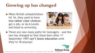Growing up has changed
 When British schoolchildren
hit 16, they used to have
two rather clear choices:
get a job, or do A Levels
and head to university.
Unsure about your future? Call a careers advisor at Pathway on 0121 707 0550
 There are now many paths for teenagers – and the
law has changed so that those born after 1st
September 1997 can’t leave education until
they’re 18 anyway!
 