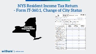 withum.com
Form: IT–360.1
Change of City Resident
Status
NYS Resident Income Tax Return
- Form IT-360.1, Change of City St...