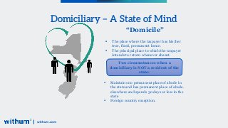 withum.com
Domiciliary – A State of Mind
 The place where the taxpayer has his/her
true, fixed, permanent home.
 The pri...