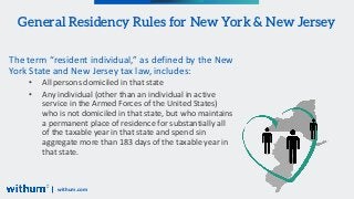 withum.com
The term “resident individual,” as defined by the New
York State and New Jersey tax law, includes:
• All person...