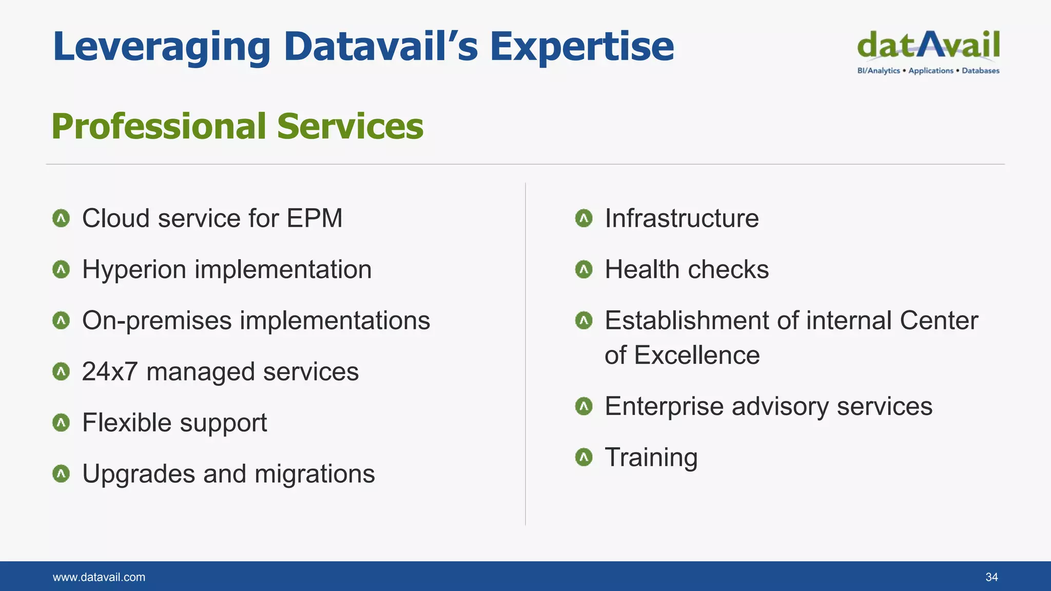 www.datavail.com 34
Cloud service for EPM
Hyperion implementation
On-premises implementations
24x7 managed services
Flexible support
Upgrades and migrations
Leveraging Datavail’s Expertise
Professional Services
Infrastructure
Health checks
Establishment of internal Center
of Excellence
Enterprise advisory services
Training
 