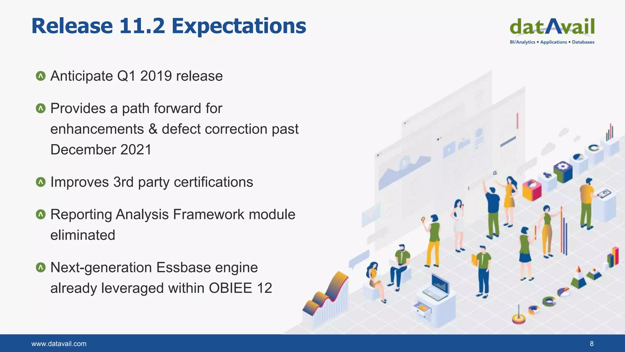 www.datavail.com 8
Release 11.2 Expectations
Anticipate Q1 2019 release
Provides a path forward for
enhancements & defect correction past
December 2021
Improves 3rd party certifications
Reporting Analysis Framework module
eliminated
Next-generation Essbase engine
already leveraged within OBIEE 12
 