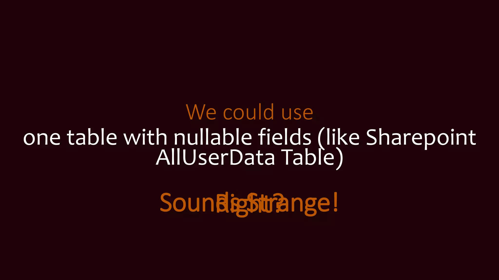 We could use
one table with nullable fields (like Sharepoint
AllUserData Table)
Sounds Strange!Right?
 