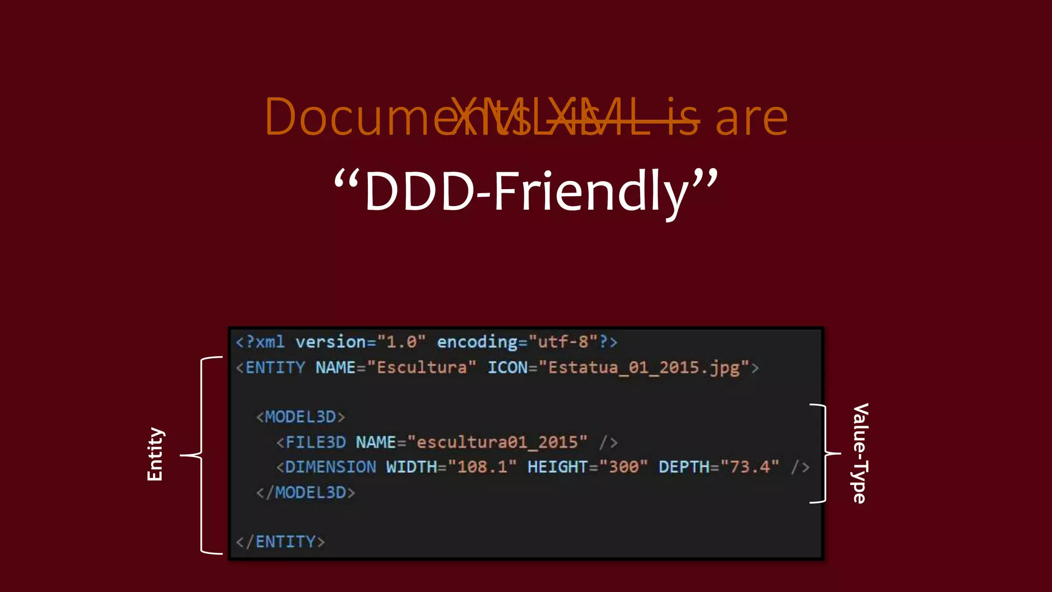 Documents XML is are
“DDD-Friendly”
Entity
Value-Type
XML is
“DDD-Friendly”
 