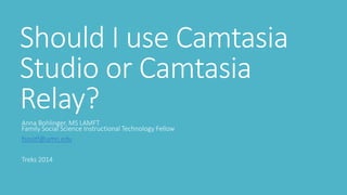 Should I use Camtasia
Studio or Camtasia
Relay?
Anna Bohlinger, MS LAMFT
Family Social Science Instructional Technology Fellow
fsositf@umn.edu
Treks 2014
 