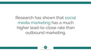 Research has shown that social
media marketing has a much
higher lead-to-close rate than
outbound marketing.
 