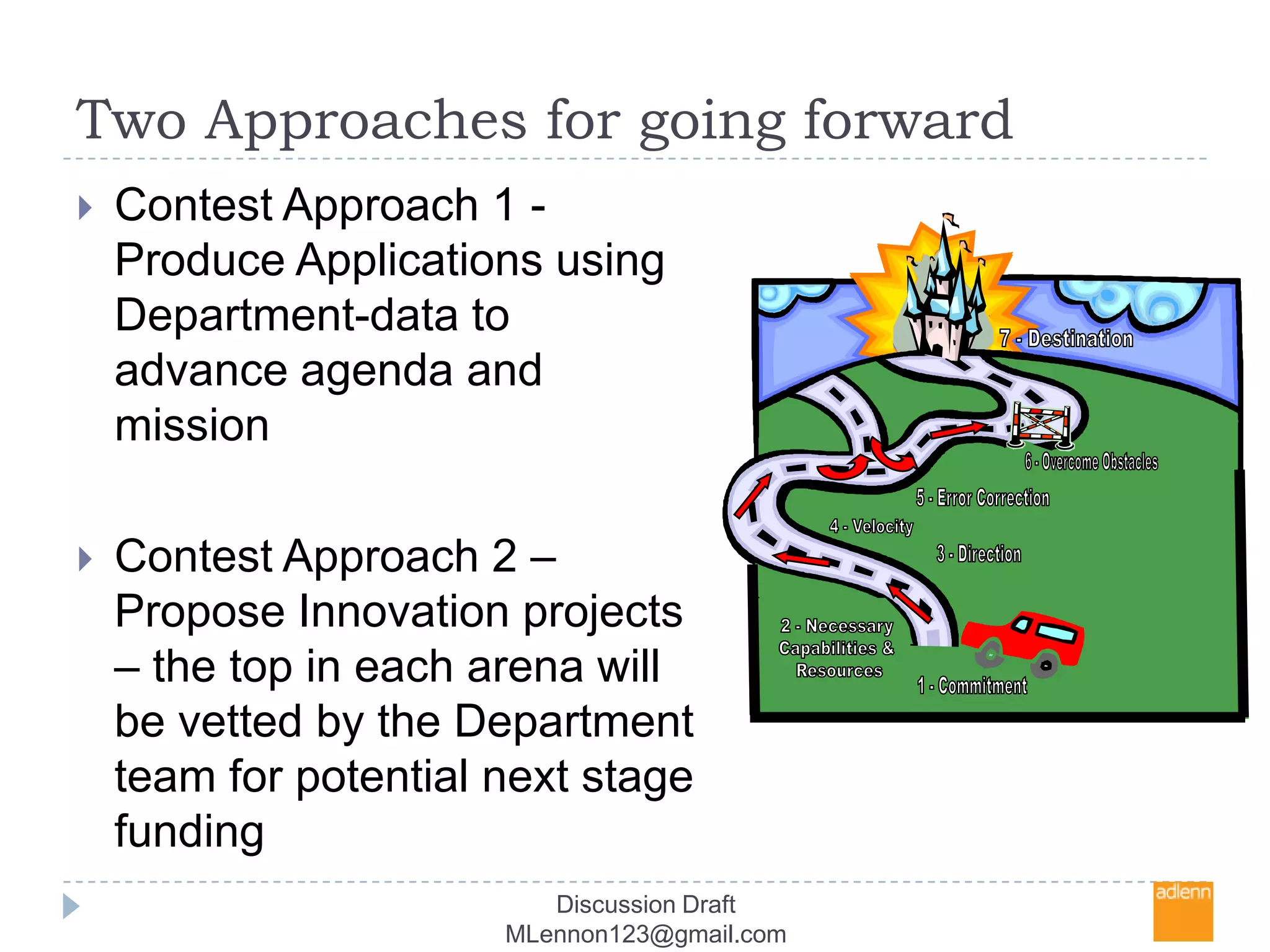 Two Approaches for going forwardContest Approach 1 - Produce Applications using Department-data to advance agenda and missionContest Approach 2 – Propose Innovation projects – the top in each arena will be vetted by the Department team for potential next stage funding7 - Destination6 - Overcome Obstacles5 - Error Correction4 - Velocity3 - Direction2 - Necessary Capabilities & Resources1 - CommitmentDiscussion Draft MLennon123@gmail.com